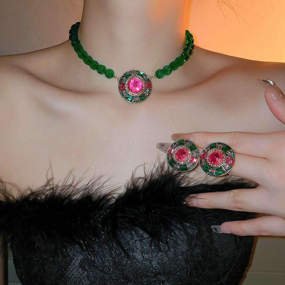 Ретро круглые серьги-гвоздики со стразами модная подвеска изысканное зеленое хрустальное ожерелье для женщин