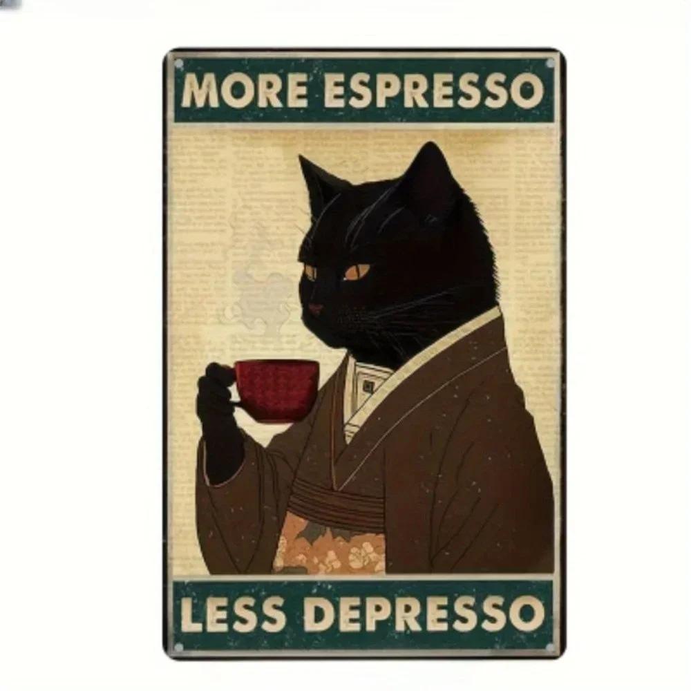 Retro Metal Tin Sign More Espresso Less Depresso Poster Drinking Poster Coffee Lover Gift Funny Black Cat Wall Art