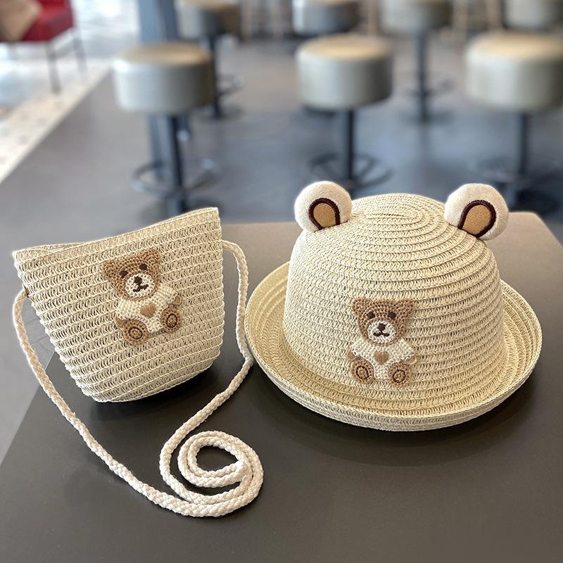 Children's hats summer boys cute straw hats baby sunscreen baby girl sunshade fisherman cool hat bag set summer
