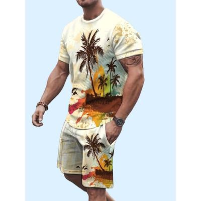 Два комплекта европейских и американских мужских летних костюмов с узором «Кокосовый пляжный ветер» с 3D-принтом и короткими рукавами и шортами