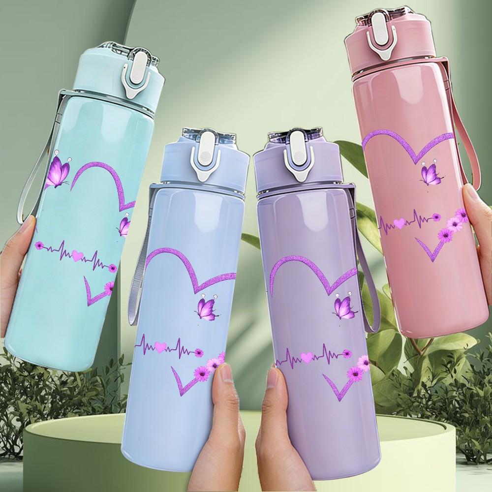 1PC Glitter Purple Heart Hand Drawn Print 750ml Color Plastic Sports Water Bottle Leakproof Flip Straw Lid Suitable for Sports Office Home Use