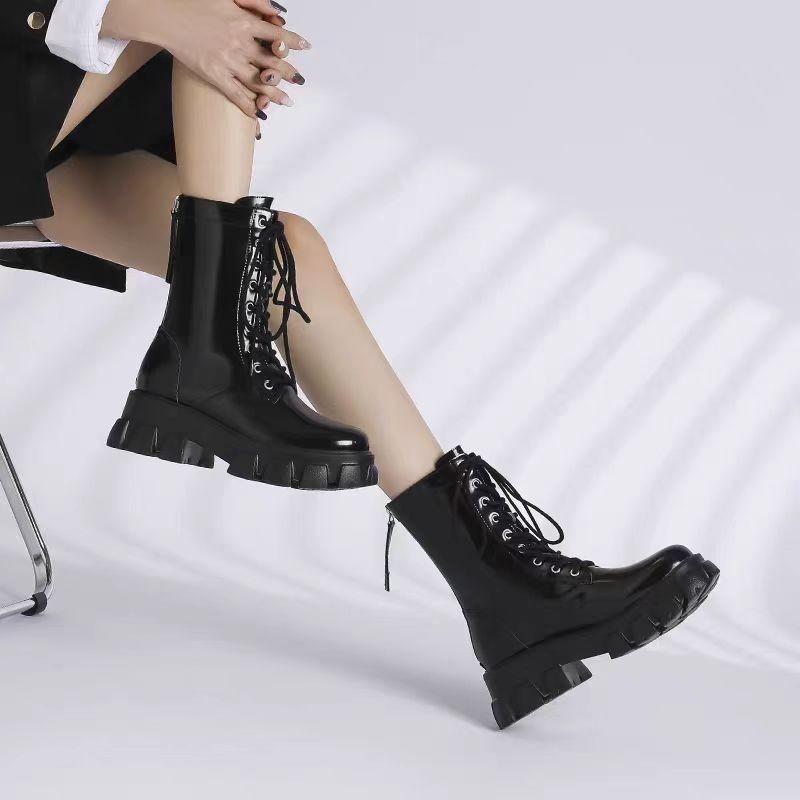 2024 Spring/Autumn Trendy Versatile Rear Zipper Thick Soled Tall Short Boots Work Clothes Motorcycle Boots Women's Casual Shoes