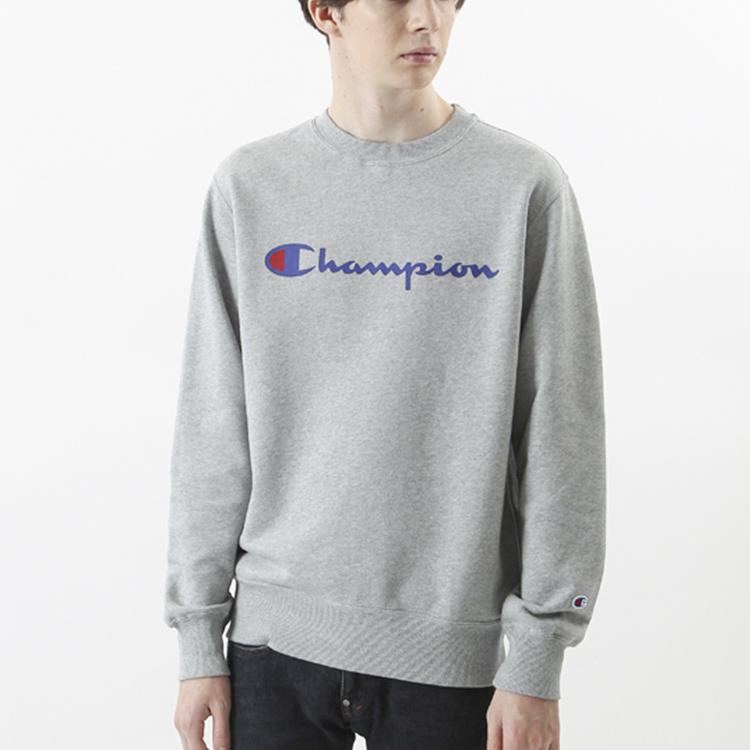 Champion Script Logo Fleece Lined Pullover Crew Neck Sweatshirt Japan Version Unisex Light Gray C3-L023