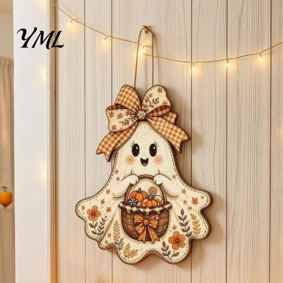 Indoor Wall Hanging Ornament Cute Bow Ghost Sign, Rustic Retro Floral Door Sign with Pumpkin Pastoral Autumn Hanger Basket, Vintage Halloween