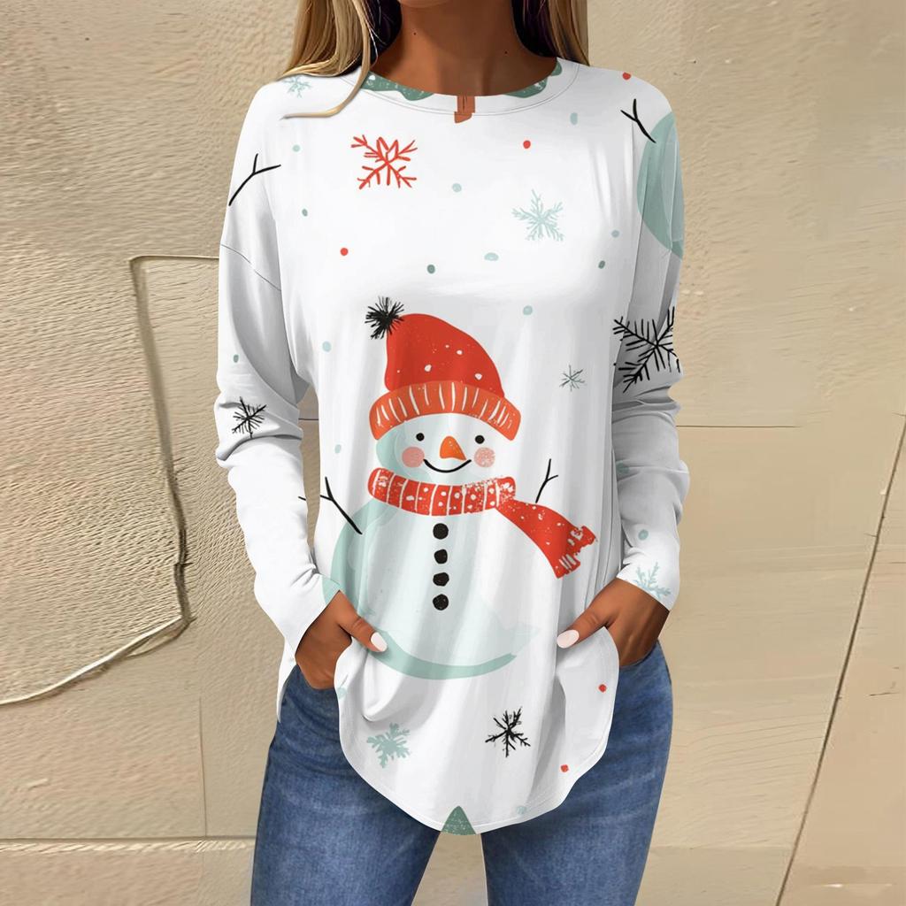 Футболки для женщин, осенние повседневные рубашки с длинными рукавами, толстовка с ретро-принтом, топ для рождественской вечеринки, пуловер