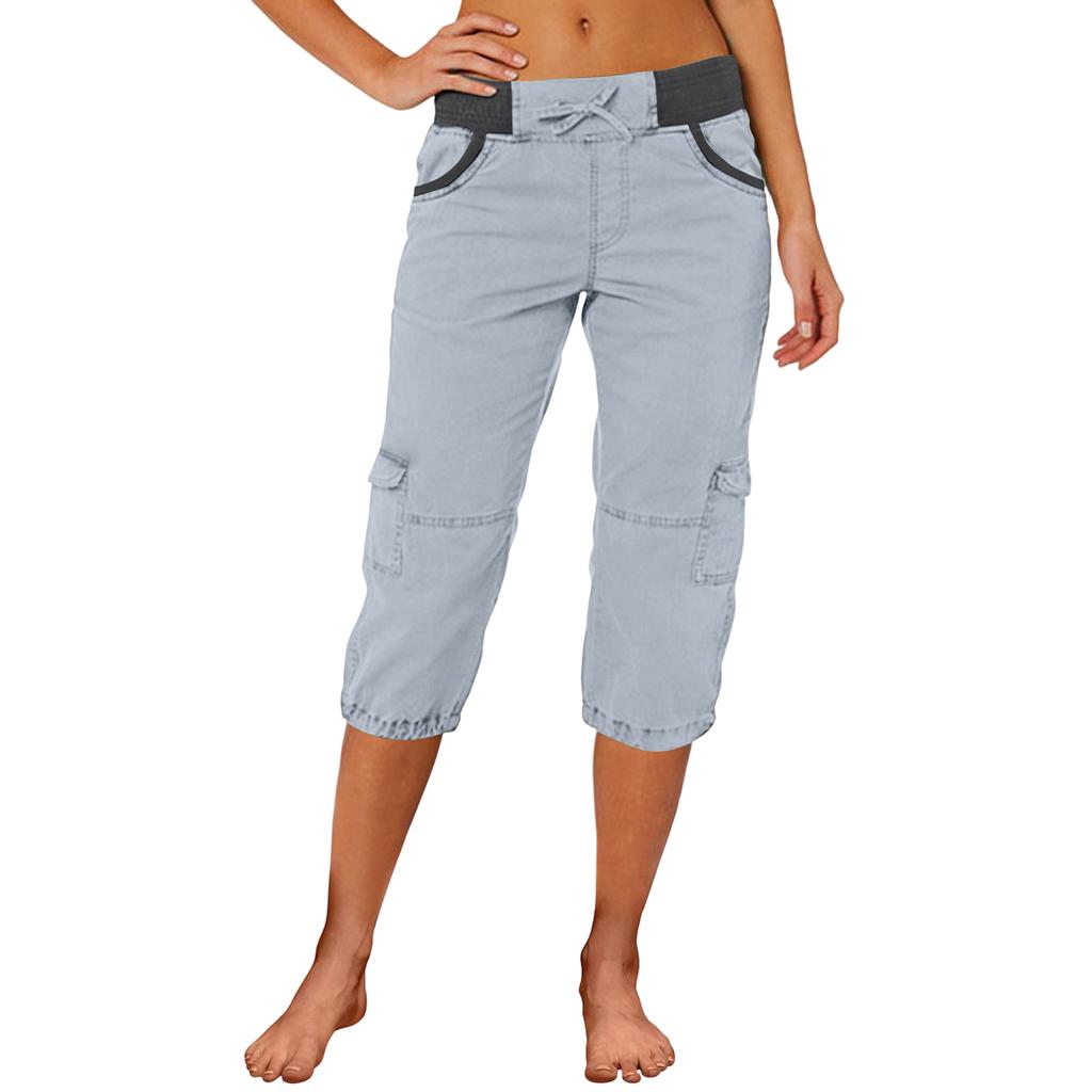 Women Capri Cargo Pants Drawstring Waist Relaxed Fit Lightweight Casual Cropped Trousers with Multiple Pockets