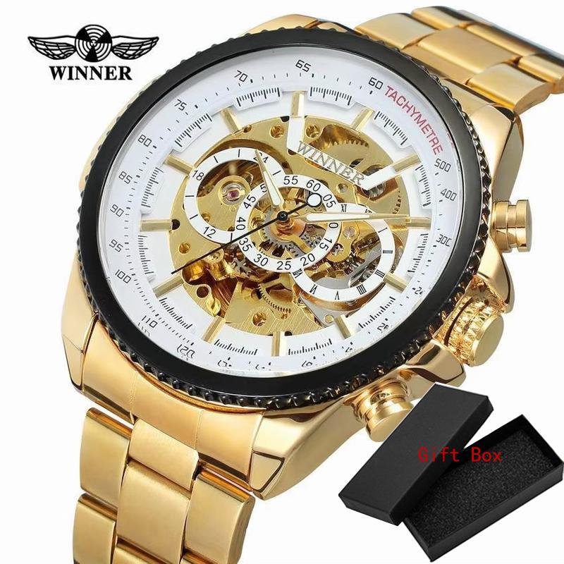 Fashion Winner Top Brand Automatic Mens Skeleton Automatic Mechanical Waterproof Full Stainless Steel Men's Business Watches