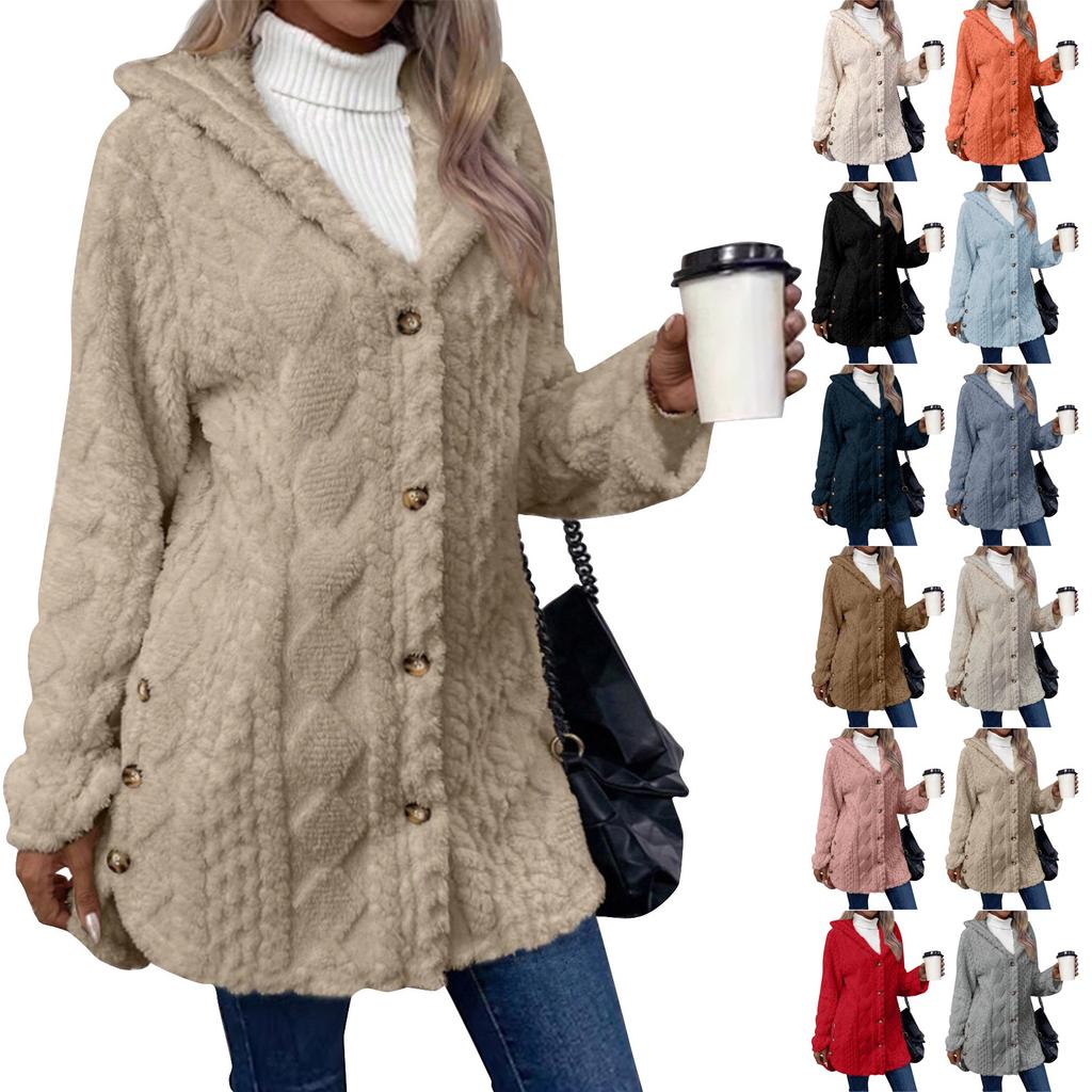 Women's Solid Color Fashion Casual Warm Fashion Diamond Plush Hooded Cardigan Coat