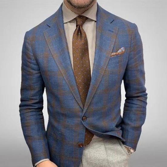 Men Suit Coat Business Coat Formal Lapel Plaid Print Long Sleeve Cardigan Double Buttons Patch Pockets Anti-wrinkle Groom Wedding Suit Jacket