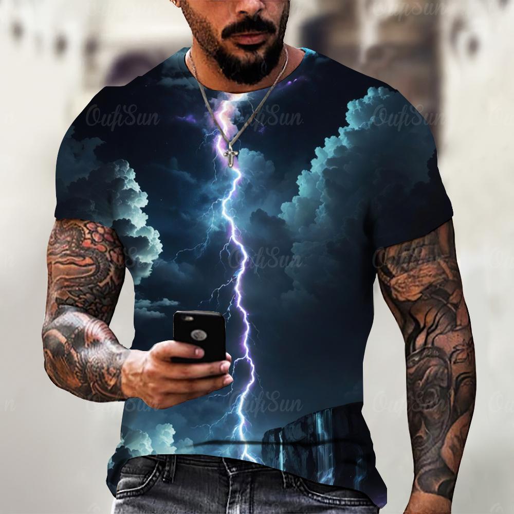 Men's T Shirt 3d Lightning Print Mens Short-Sleeved Tops Summer Street Fashion T-Shirt for Men Casual Tees Oversized Clothing