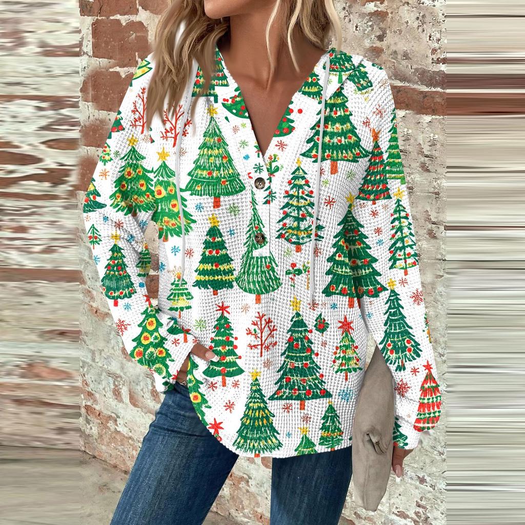 Женский повседневный топ с длинными рукавами, пуговицами, V-образным вырезом, рождественским принтом, завязками и капюшоном