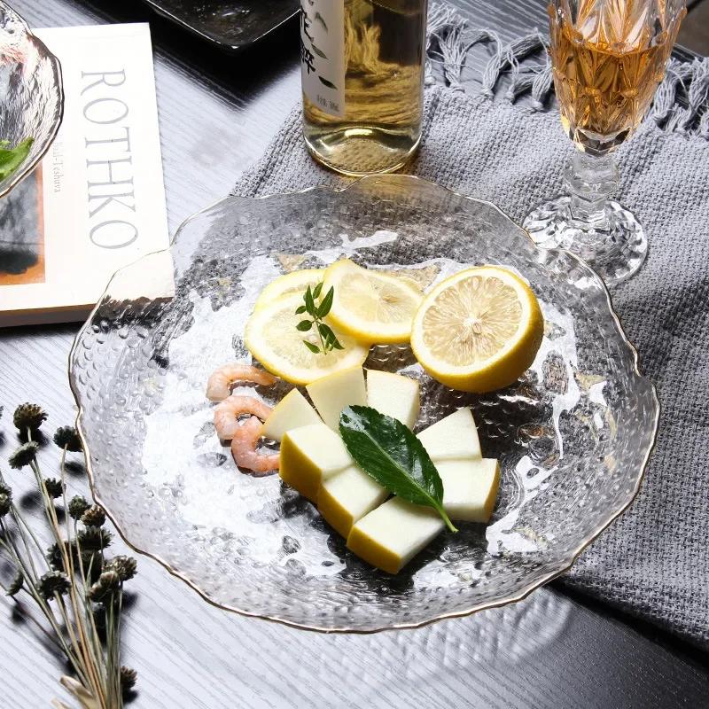 Стеклянная тарелка в форме листа лотоса, дымчато-серый цвет, с рисунком в виде молотка, для дома, гостиной, поднос, обеденные тарелки, наборы тарелок и посуды.