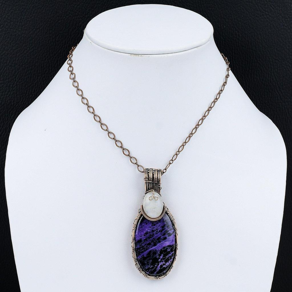 Charoite Copper Wire Wrapped Pendant Gemstone Jewelry Handmade Unique Pendant Rainbow Moonstone Jewelry Gift For Her Charoite Copper Jewelry