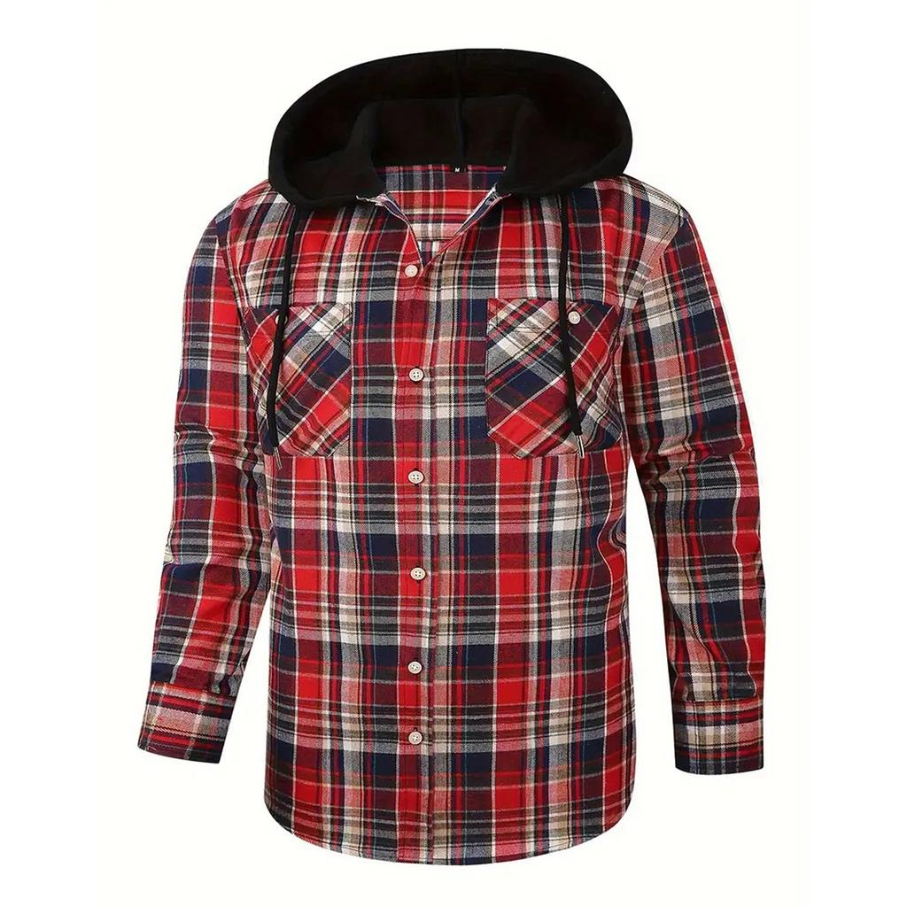 Мужская клетчатая рубашка с длинным рукавом, мужская толстовка с капюшоном и карманами на пуговицах