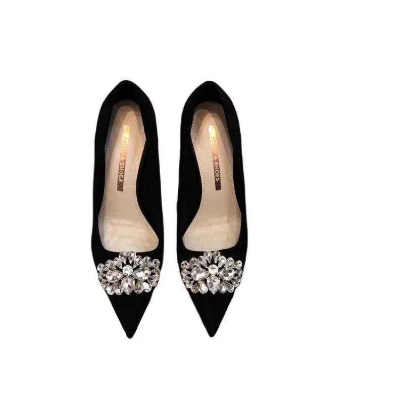 Модные туфли на высоком каблуке со стразами, женские туфли 2024 года, черные, сетчатые, красные, французские, профессиональные, осенние, сто одинарных туфель, черные каблуки