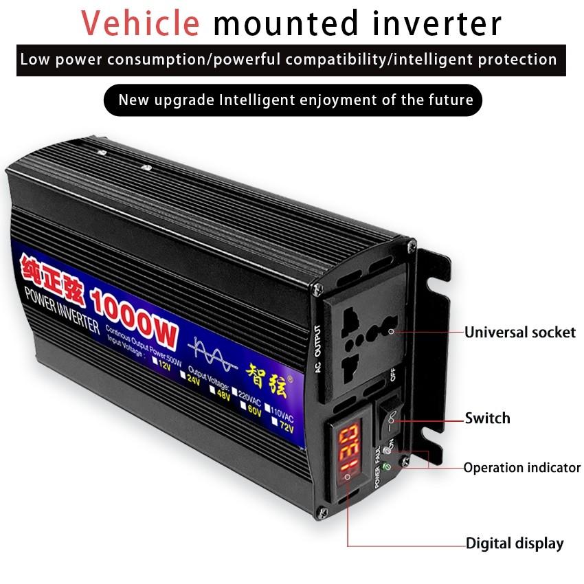 Портативный инвертор солнечной энергии Чистая синусоида DC12V 24V в AC 220V Преобразователь для путешествий, грузовика, автомобиля, бытовой техники