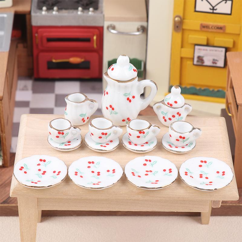 1Комплект 1:12 миниатюрных керамических чайных сервизов для кукольного домика, чашка, чайник, поднос, цветы, столовые приборы, кухонный декор, игрушечные аксессуары для кукольного домика
