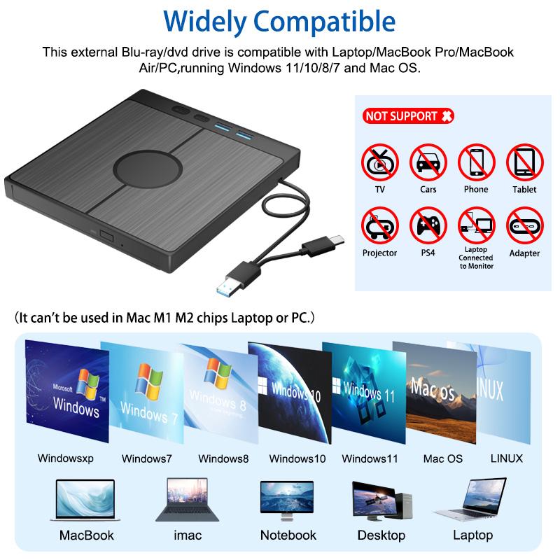 External Blu-ray Drive Portable Optical Drive for Laptop PC CD/DVD RW Player Burner with USB3.0 Type-C SD TF Card Slots
