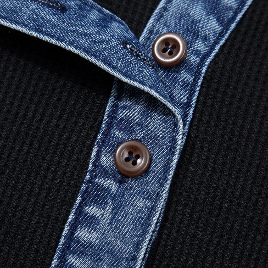 Women's Fashionable New Pullover Collar Button T-shirt, , Elegant Washed Denim Patchwork Knitwear, Faux Two-piece Top