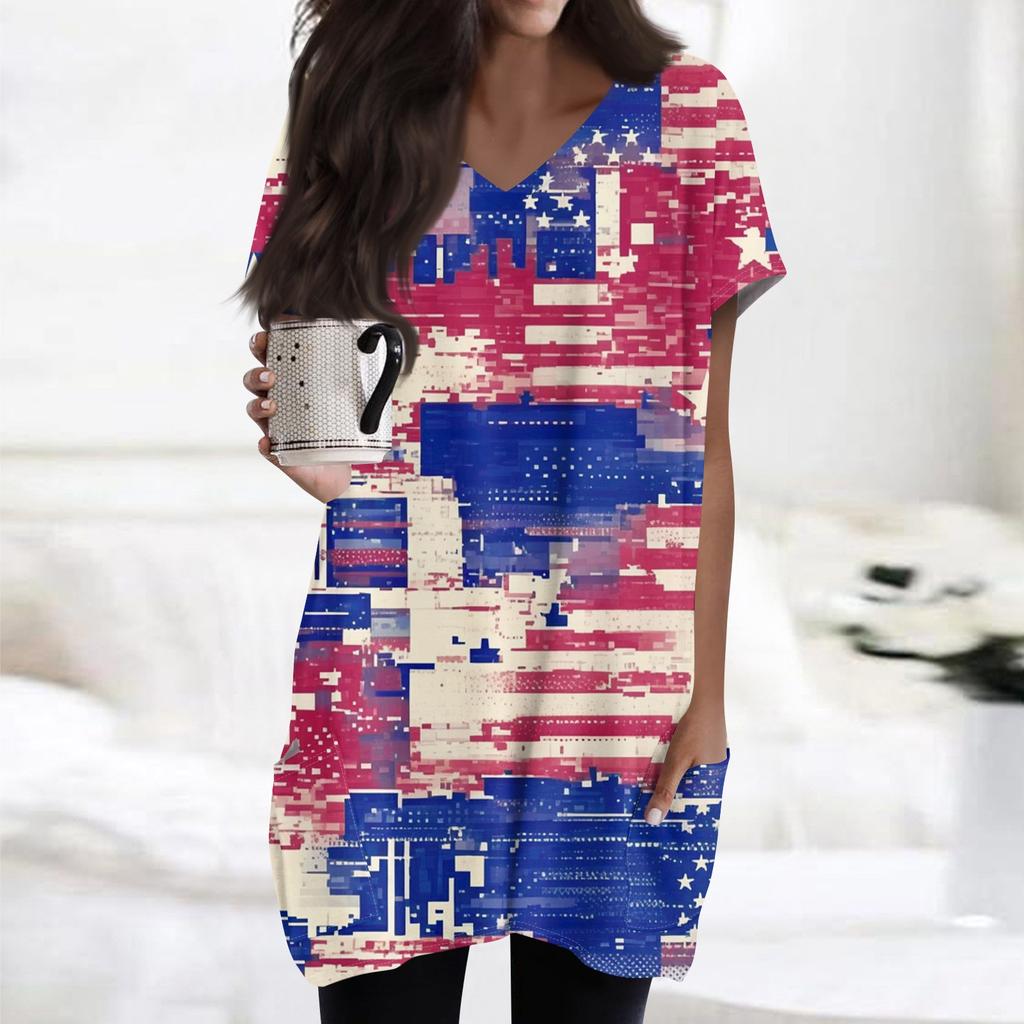 Женский топ с принтом флага Дня независимости, V-образным вырезом, карманом средней длины и коротким рукавом