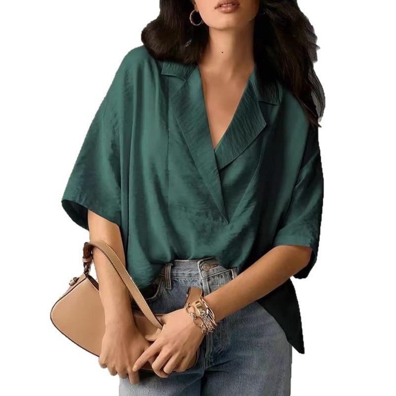 Women S Summer Short Sleeve Turn Down Collar Loose Solid Color Shirt