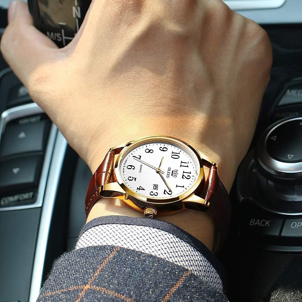 Men's Business Watch Arabic Numerals Leather Band Waterproof Calendar Display Luminous