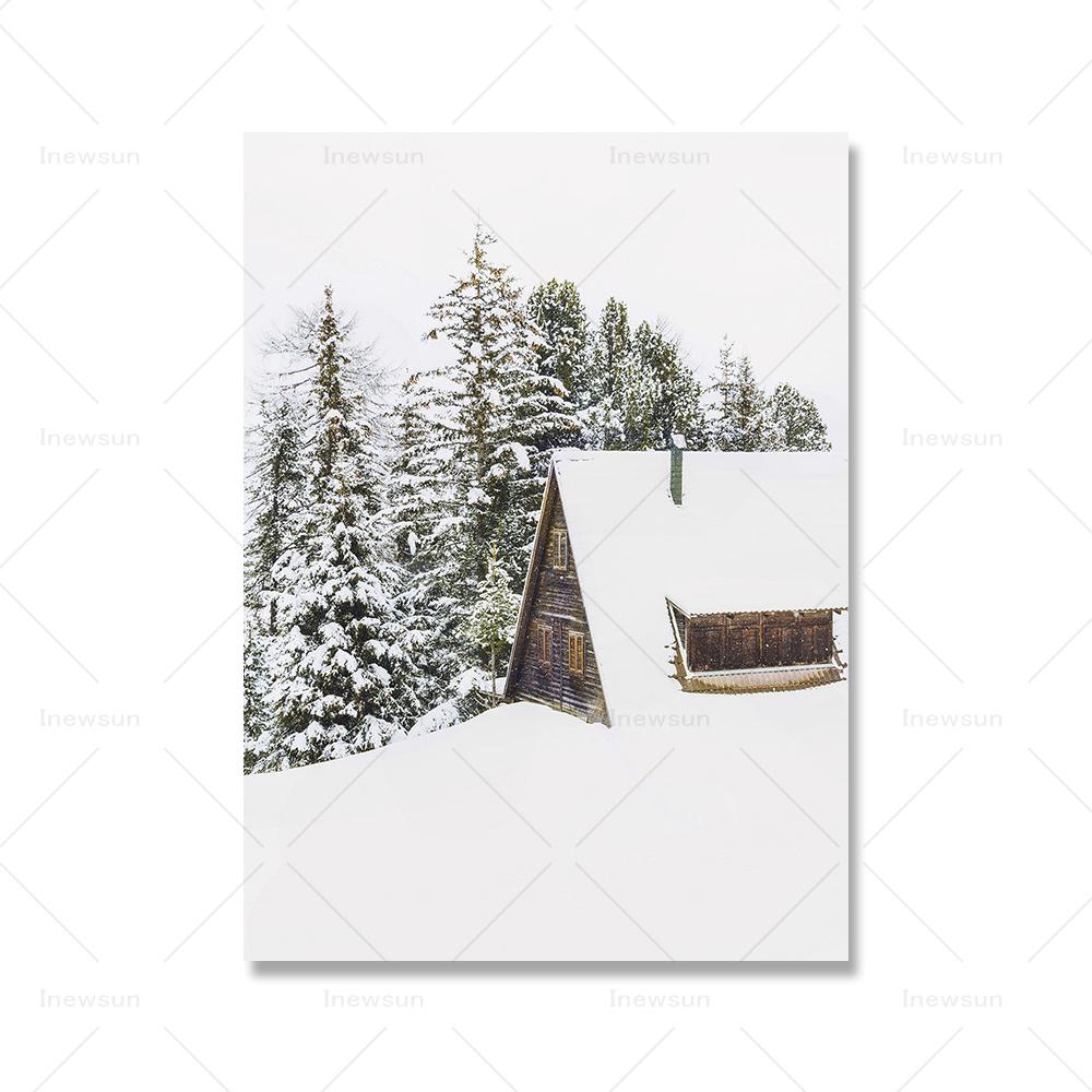 Зимний принт бревенчатая избушка с лосем настенное искусство лесной рождественский декор деревенский зимний холст постер современный скандинавский декор для гостиной