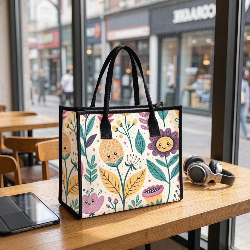 Cute Cartoon Flower Tote Bag Casual Daily Carry All Handbag for Women Lightweight Reusable Shoulder Bag for Shopping Travel