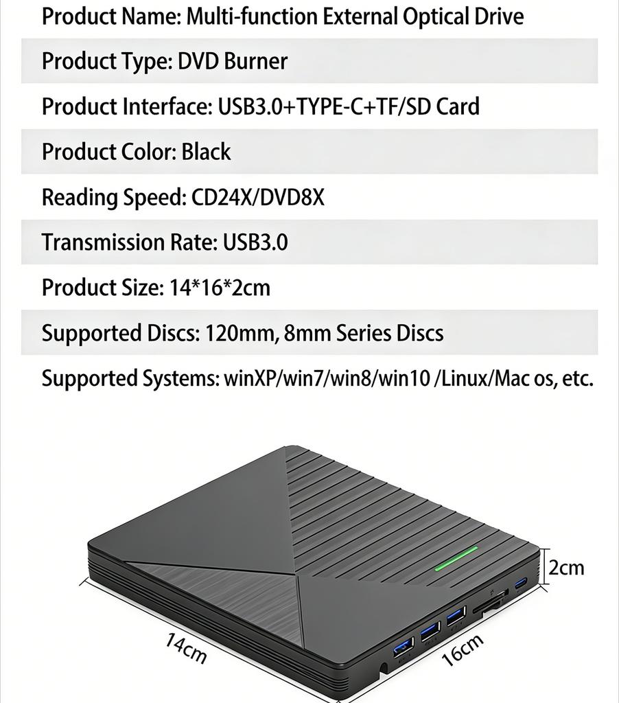 7-в-1 USB 3.0 Многофункциональный Внешний CD DVD RW Дисковод Читатель Записывающее Устройство Плеер Для Ноутбука ПК Windows 11 10 Mac