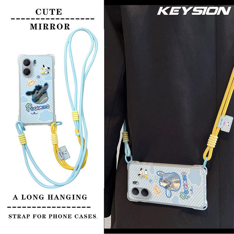 KEYSION Crossbody Strap Phone Case for OPPO A5X 5G Cute Cartoon Long Lanyard Mirror Shockproof Cover for OPPO A5X