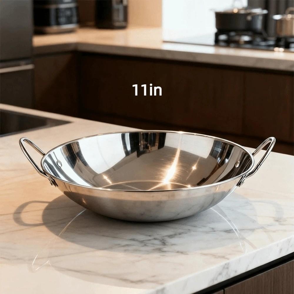 Uncoated Double Ear Wok 7/8/9/10/11in Outdoor Cooking Pot Durable Stainless Steel Wok Commercial