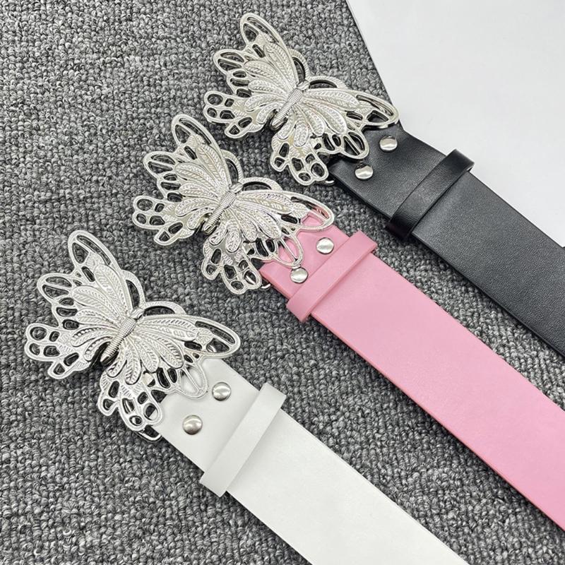 Adult Waist Belt with Unique Hollowed Butterfly Buckle Multiple Color PU Waist Belts for Rock Fan Wear Resistant