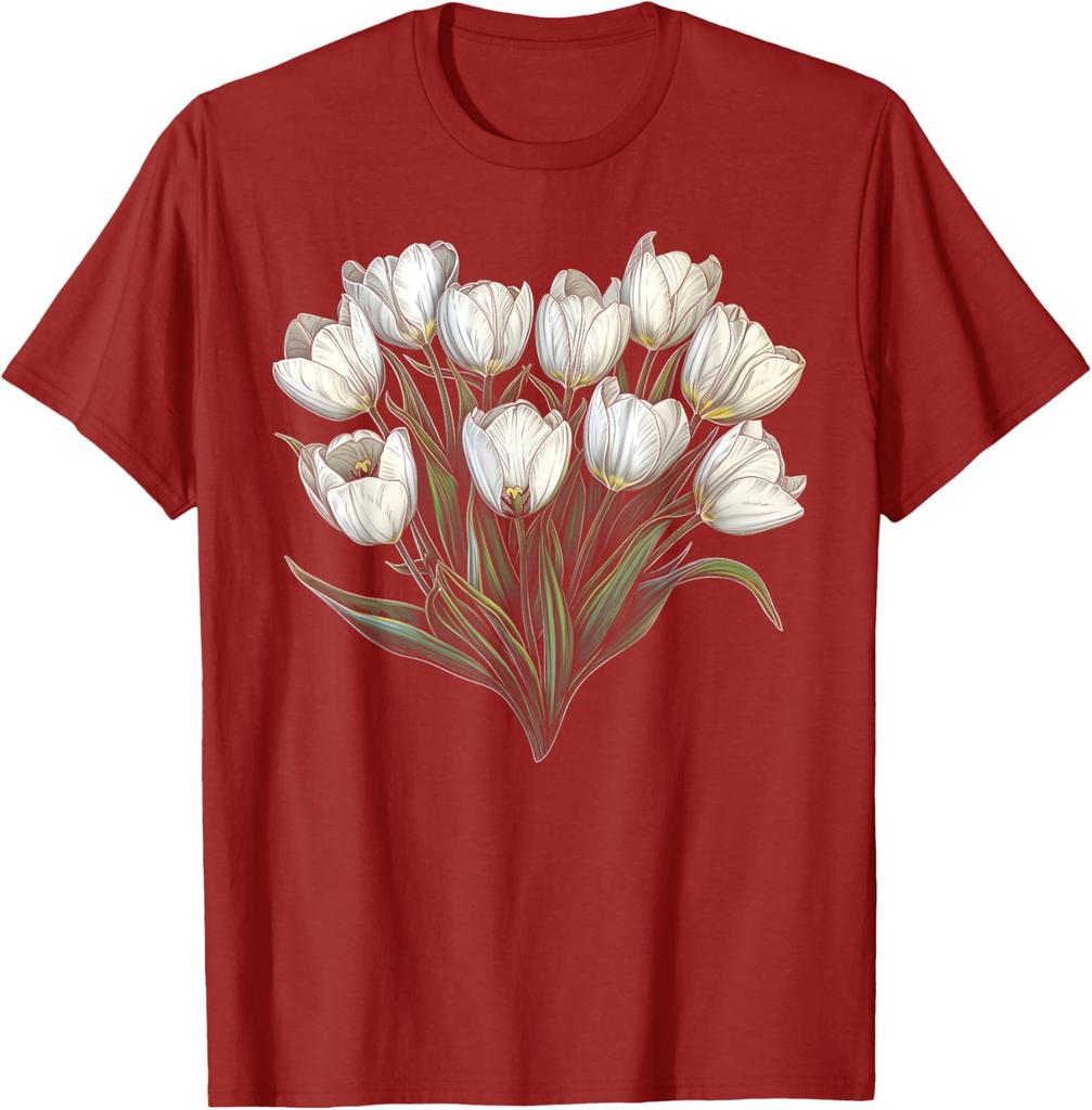 White Tulip Bouquet Floral Graphic Tee Men Casual Round Neck Short Sleeve T-Shirt Daily Wear