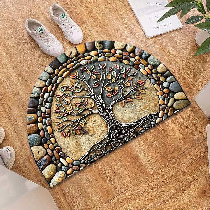 Autumn Tree of Life Mat – Fall Pebble Design, Semi-Circle Non-Slip Shower Rug