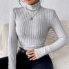 Осенне-зимняя сексуальная текстура Pit Stripe Slim Knit Long Sleeve Женская футболка Новые женские топы с высоким воротом Повседневные женские топы