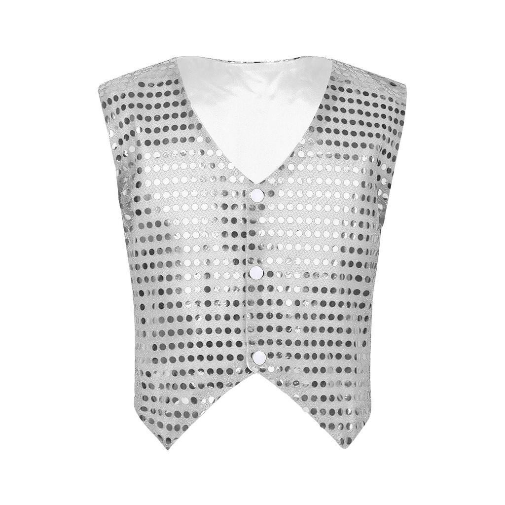 Womens Glitter Sequins Vest Pointed Hem Waistcoat for Jazz Dance Choir Performances