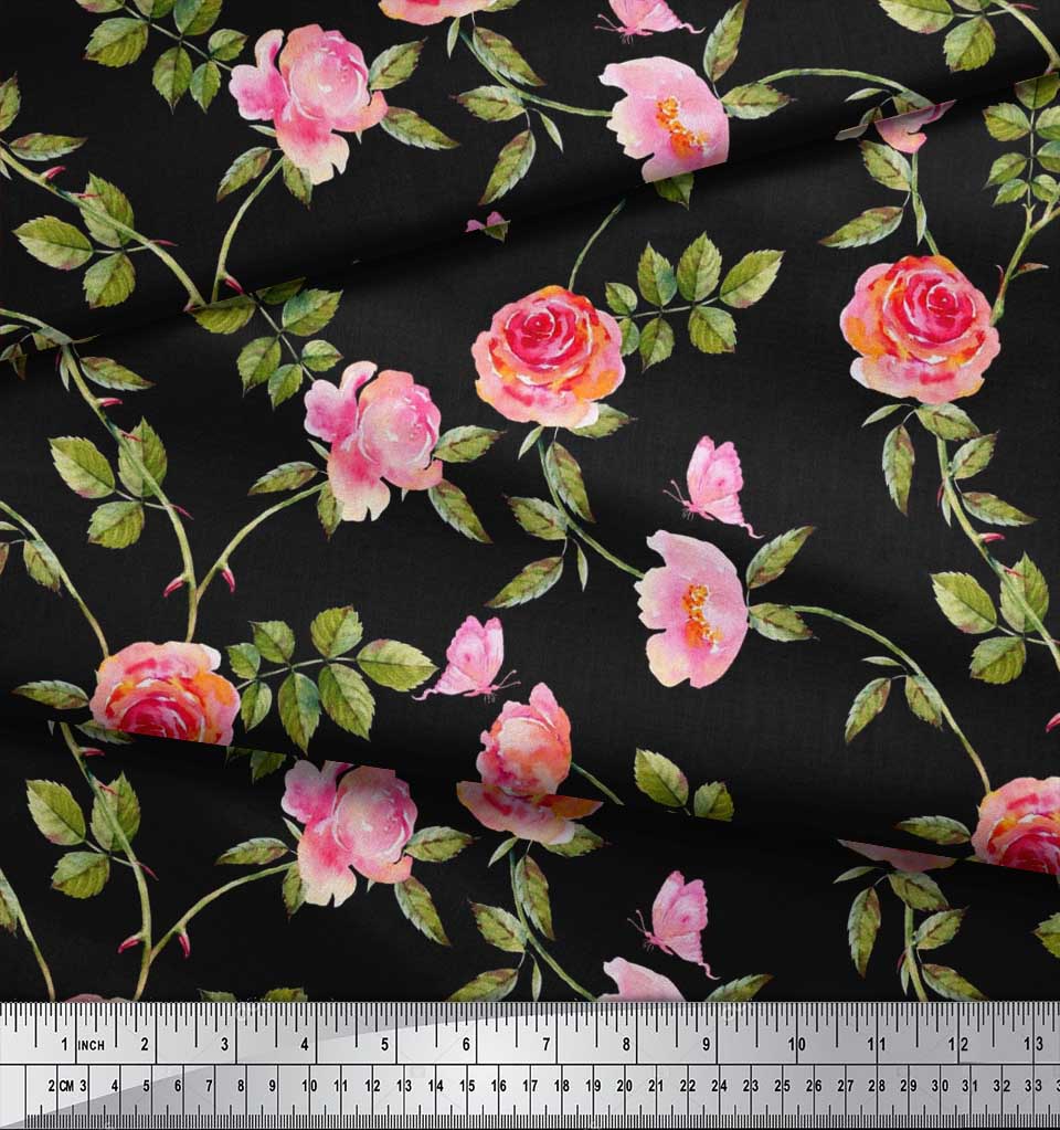 Soimoi Японская креп-сатиновая ткань с листьями, розами и пионами, ткань с цветочным принтом по метрам, 42 дюйма
