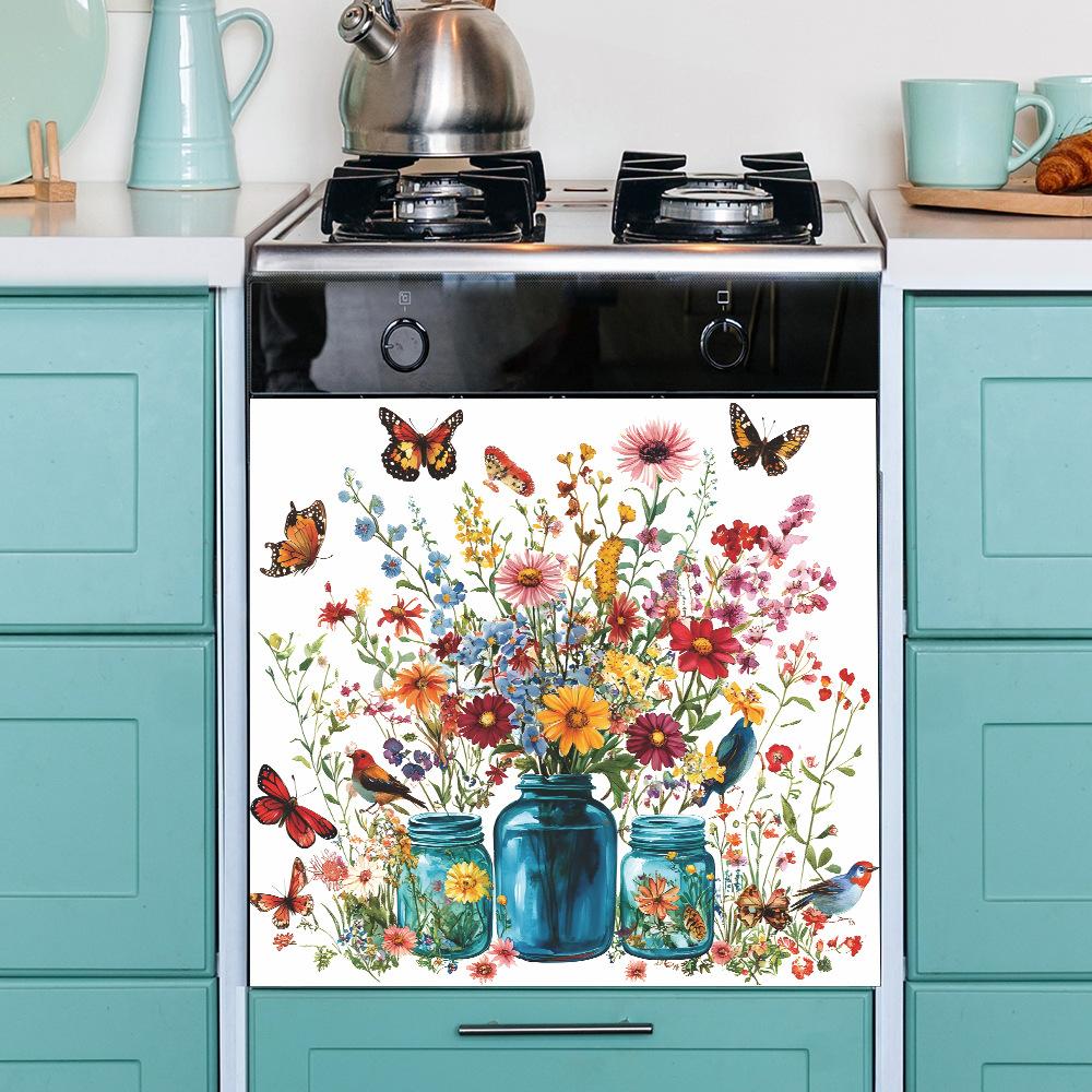 Акварельная стеклянная ваза Цветок Бабочка Кухня Украшение Декоративные наклейки Самоклеящиеся