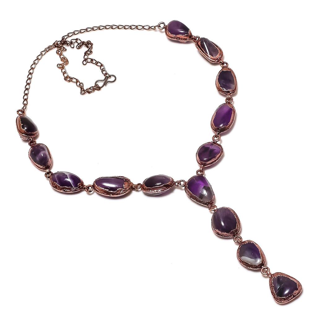 Аметистовое ожерелье, ювелирное украшение с драгоценным камнем, медное гальванопластическое ожерелье с регулируемой цепочкой, подарок для женщин, ожерелье ручной работы