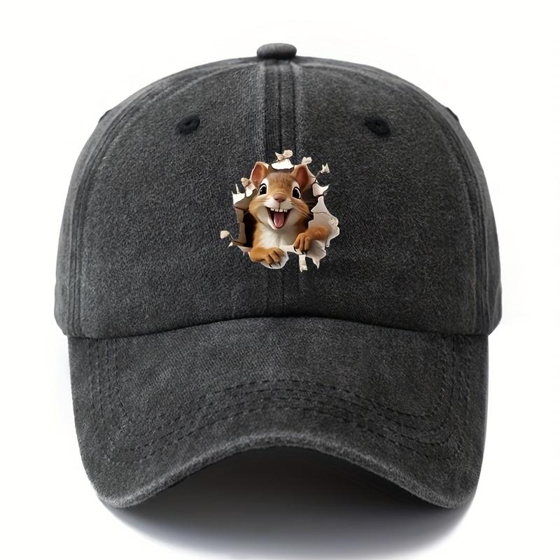 Cartoon Squirrel Print Retro Washed Lightweight Curved Brim Hat Suitable for Outdoor Vacation, Travel, Camping Truck Driver Hat