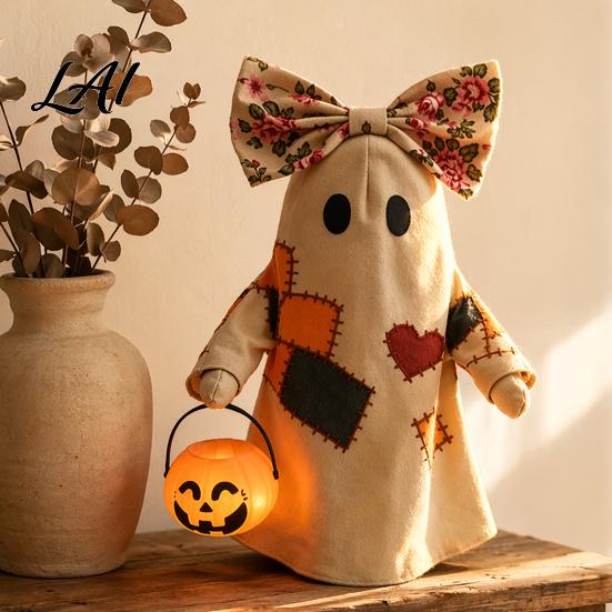 Rustic Halloween Soft Lighting Lighted Vintage Patchwork Ghost Light Up Quilted Ghost Doll with Pumpkin Autumn Home Decoration Lantern Farmhouse