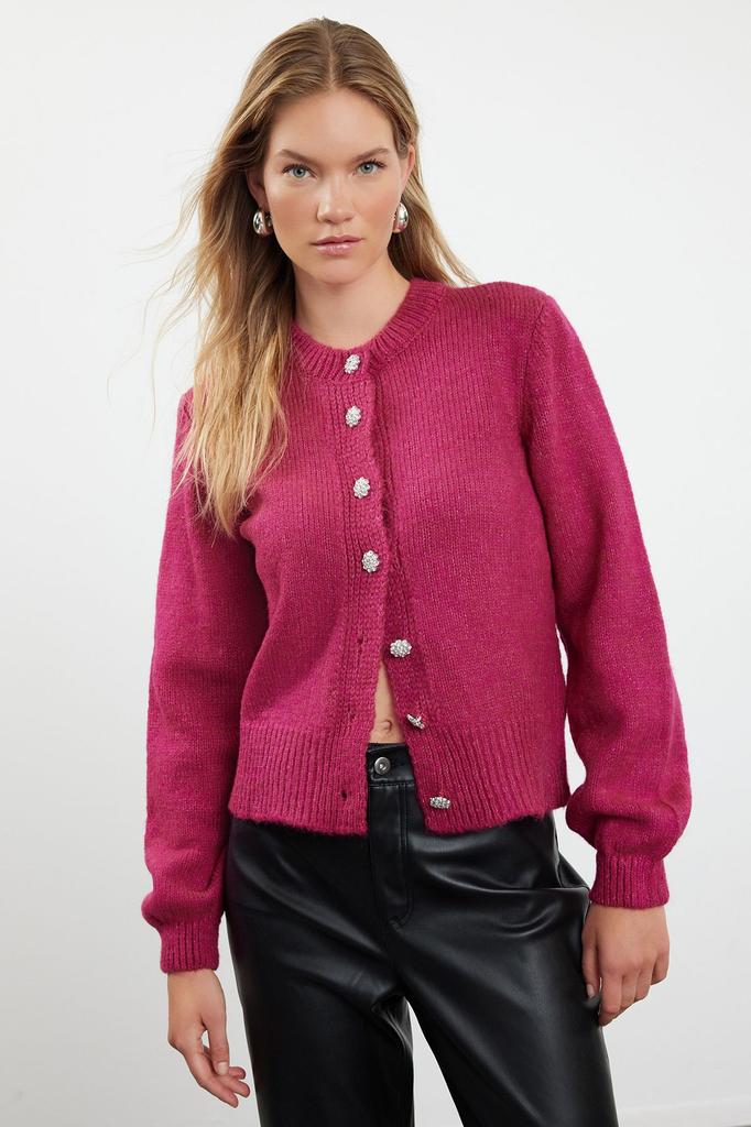 Women's Elegance Style Cardigan Stone Soft Textured Jewel Buttoned Jacket Look Knitwear Cardigan