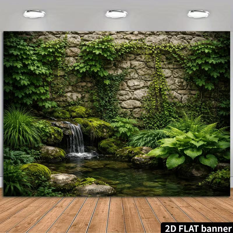 2D Enchanted Backyard Waterfall with Stone Wall Backdrop Photo Background
