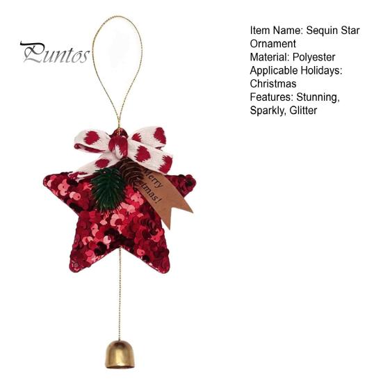 Hanging Holiday Decor Glitter Star Bell Ornaments, Sequin Decoration with Bow Pine Sparkly Party Decorations Cone, Christmas Tree Pendant for
