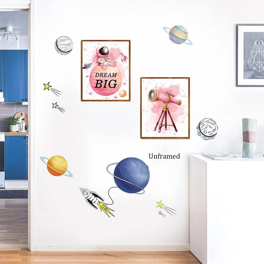 ZHAXFA Pink Outer Space Decor for Kids Room Girls Bedroom Watercolour Star Rocket Astronaut Posters Set Of 4 (8 x10 IN Unframed),Cute pirational Art