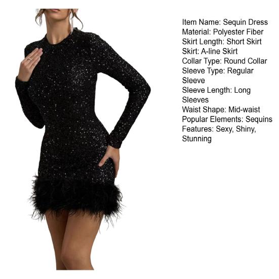 Women's Sequin Feather Trim Mini Dress Long Sleeve Sexy Shiny Bodycon Dress Sparkly Cocktail Gown for Birthday Party Club Night