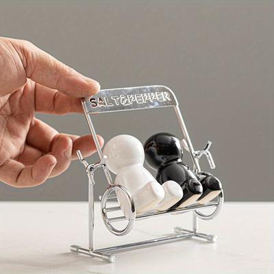 1 Набор очаровательных черно-белых солонок и перечниц, керамических, современных кухонных баночек для специй с металлической подставкой, идеально подходит для декора западного обеденного стола