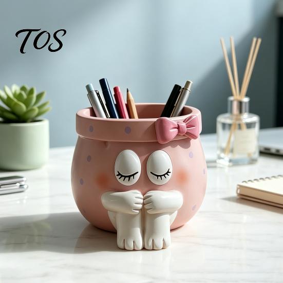 Unique Birthday Gifts for Girls Cute Cartoon Girl Pen Holder, Resin Makeup Brush Decorative Desktop Storage Accessories Organizer with Bow Design,