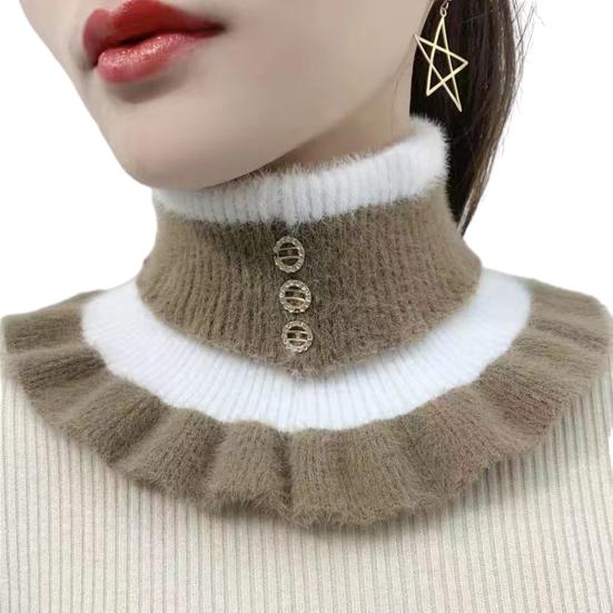 Women Winter Scarf Fake High Collar Color Matching Ruffle Rhinestone Decor Knitted Elastic Warm Windproof Neck Protection Decorative Neck Warmer KTB