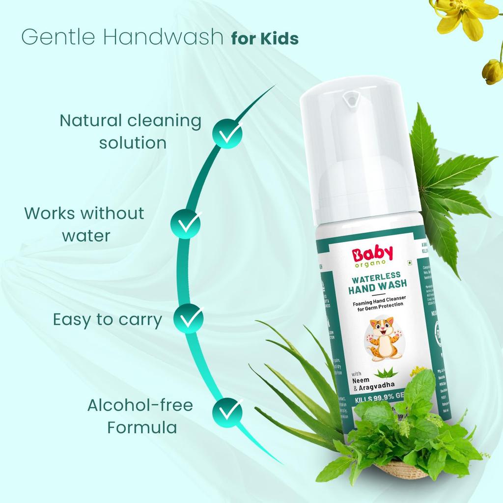 Babyorgano Non Alcoholic Foam Based Waterless Handwash for Kids, 100% Natural and Germ Protection Goodness of Aragvadha, Aloe Vera and Neem - 50ml
